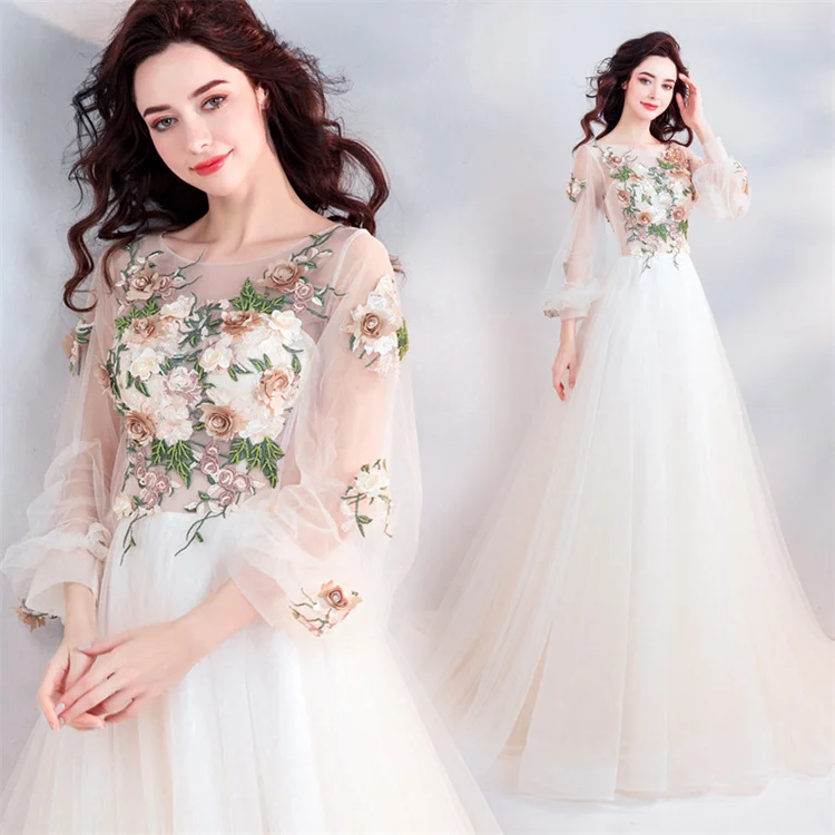 2023 New Evening Dress Banquet Light Champagne Bridal Toast Dress Performance French Long Sleeve Wedding Dress