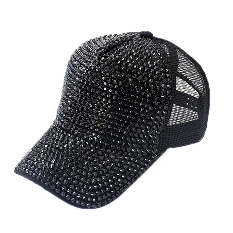 Summer base ball mesh polyester large coloured trucker hat caps for womens with rhinestones
