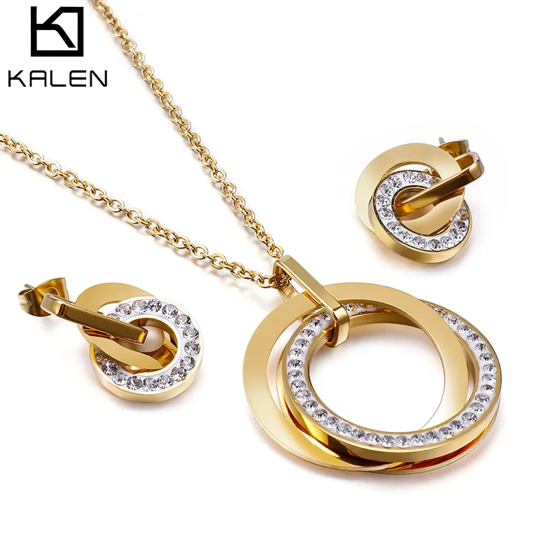 Kalen Crystal Diamond Necklace Double Circle Dubai Gold Plated Stainless Steel Wholesale Set
