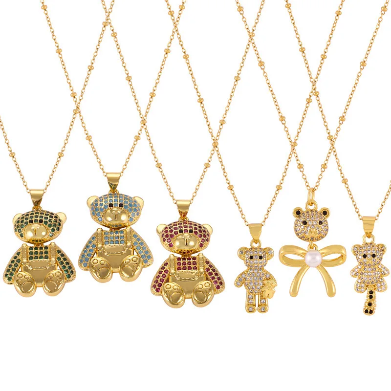 Cutie Fashion Jewelry Zircon Diamond Necklace 18K Gold Plated Micro Inset Cute Bear Pendant Girls Necklace For Women Kids