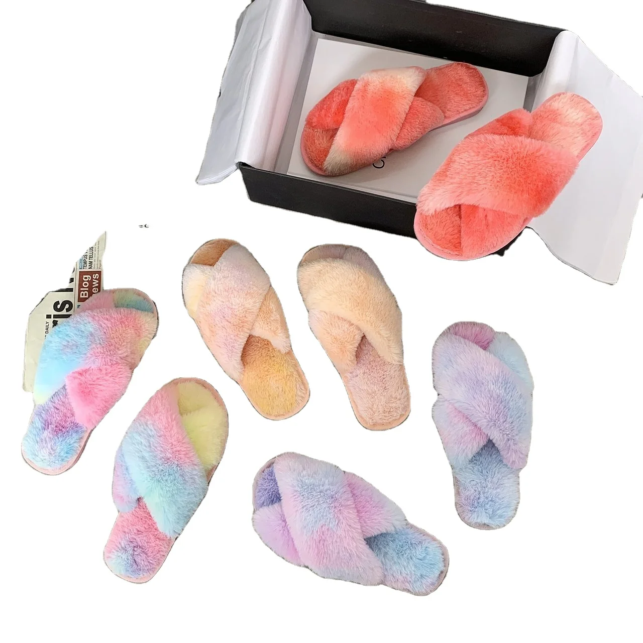 Custom Leopard Grain Design Soft Sole Women Home Indoor Shoes Plush Faux Fur Slippers Open Toe Sandals Lady Comfy Slides