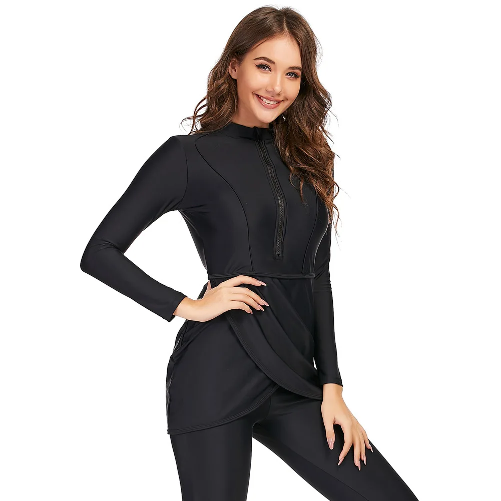 SIPO Factory Direct Muslimah Ladies Swimsuit Set Malaysia Muslim Swim Burkini Black Conservative 3 Piece Baju Renang