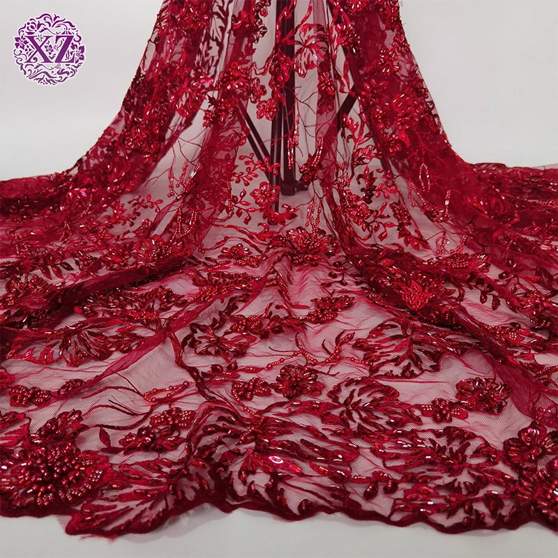 Good Quality Red Handwork Embroidery Appliques Flower 3D Beaded Lace Fabric
