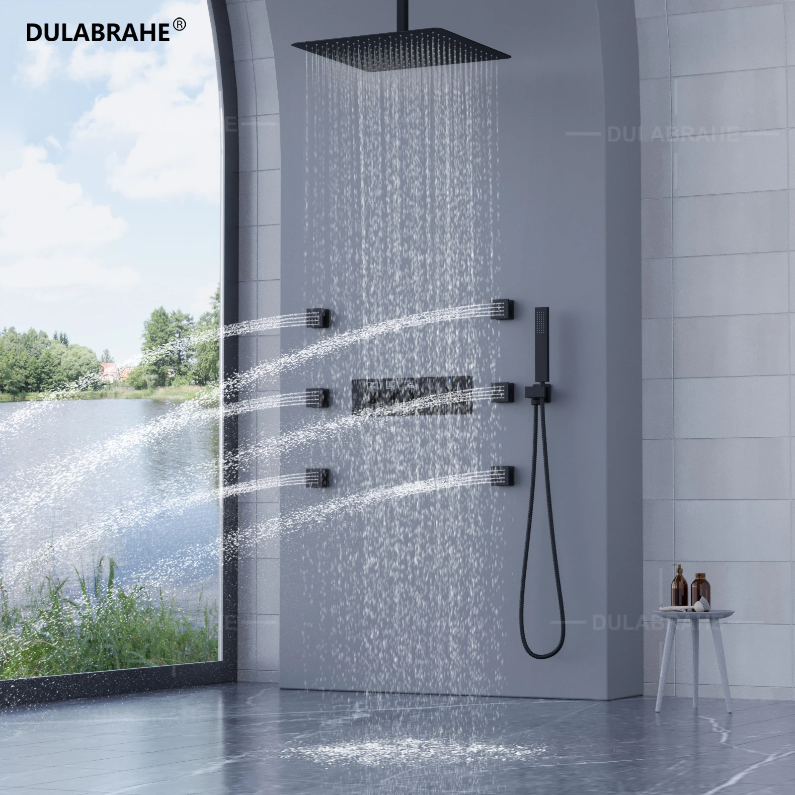 Bathroom Ceiling 10inch Shower System Rainfall Thermostatic Digital Display Concealed Shower Faucet Set