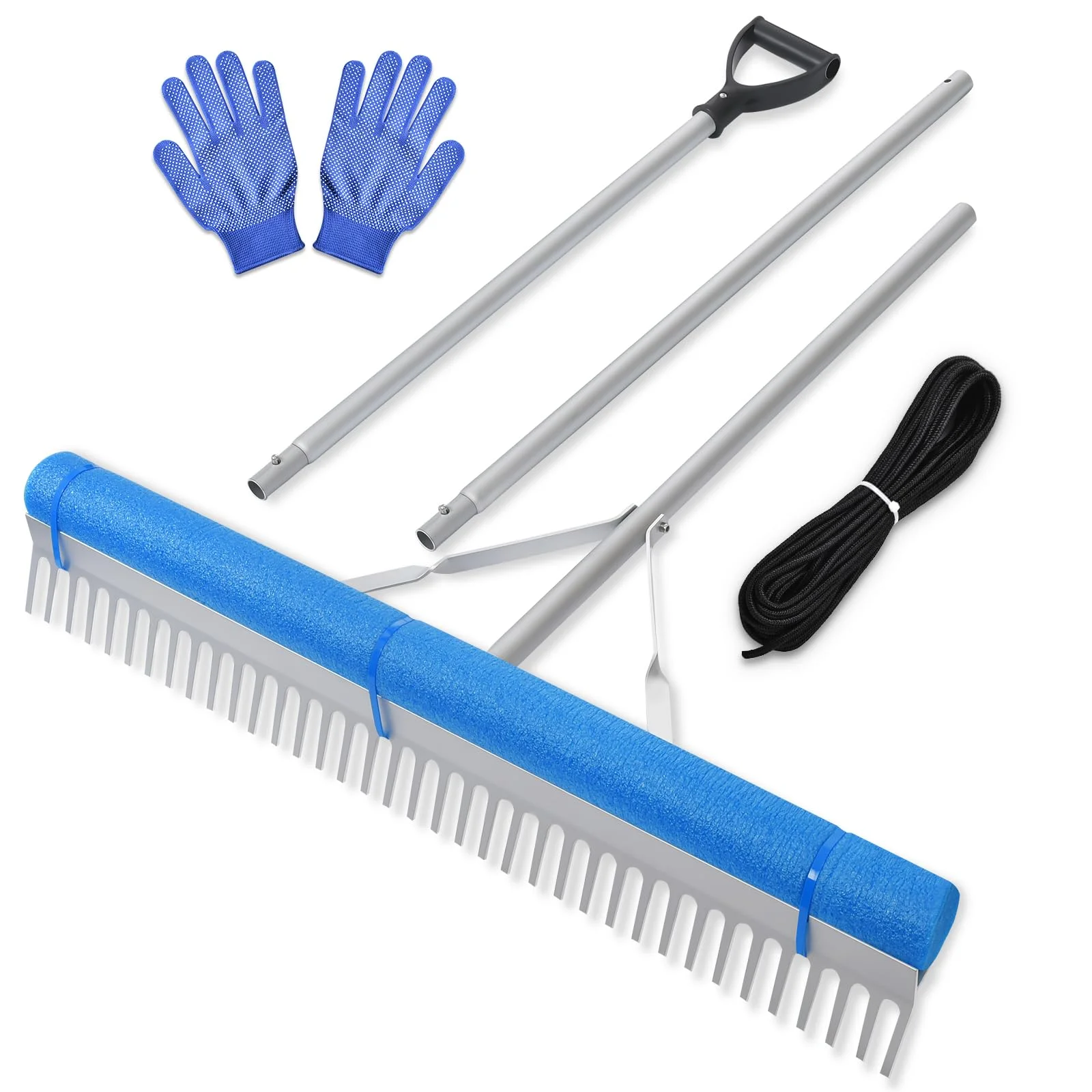 Telescopic Rake Garden Hand Rake Adjustable Handle Head Tines Soft Grip Handle Leaf Rake