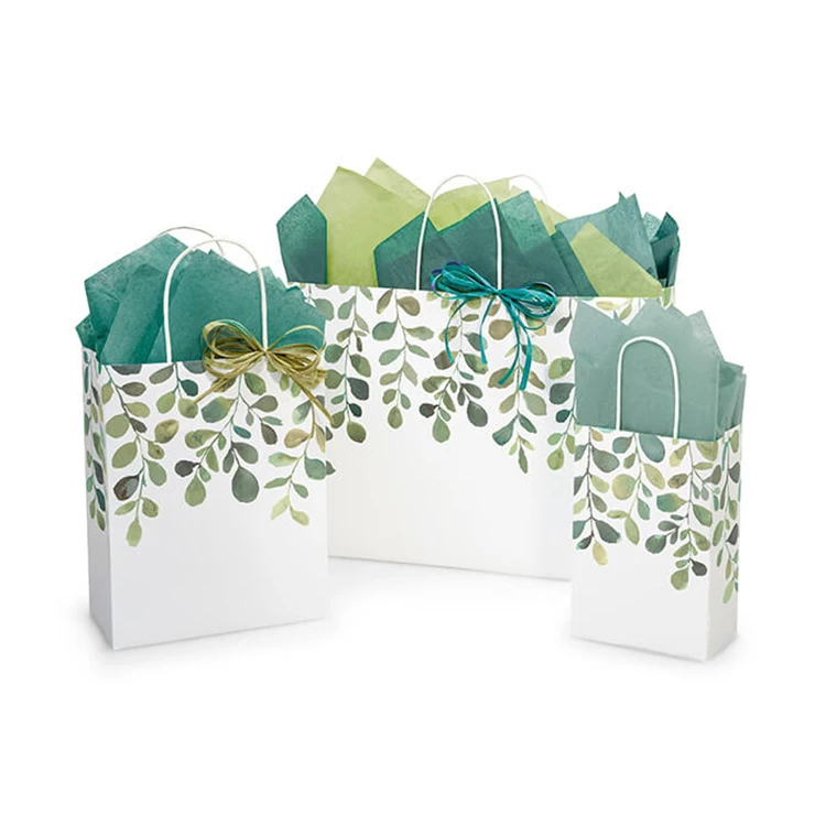 Graduation party gift small fresh green leaf pattern paper bag with handle fresh flower paper bag
