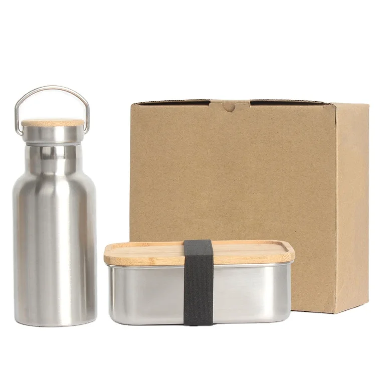 custom logo food container bento lunch box 304 stainless steel lunch box with bamboo lid and steel bottle