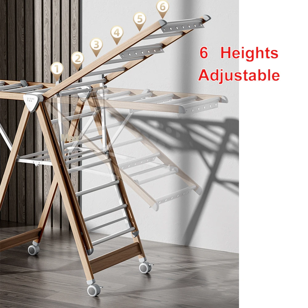 1.6m Wooden Color Folding aluminum clothes drying rack hanging retractable cloth drying rack used for balcony living room