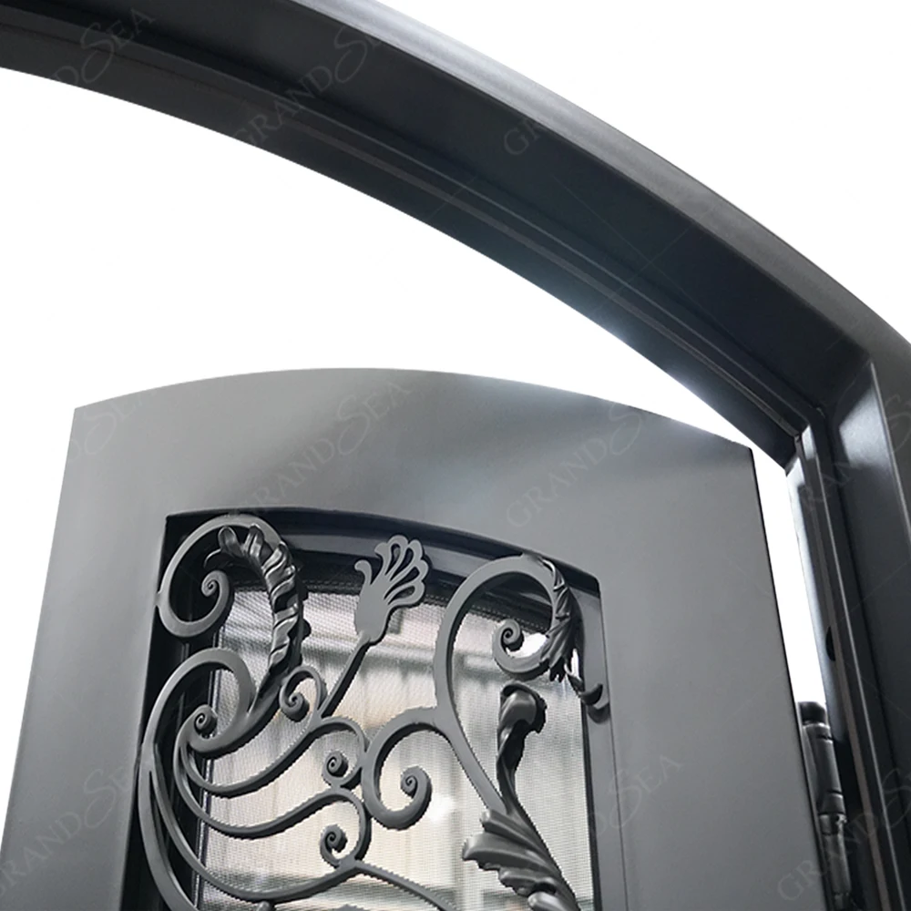 Superior Quality Double Cast Iron Grill Entrance Door For Residence Modern Design External Entrance Arched Wrought Iron Door