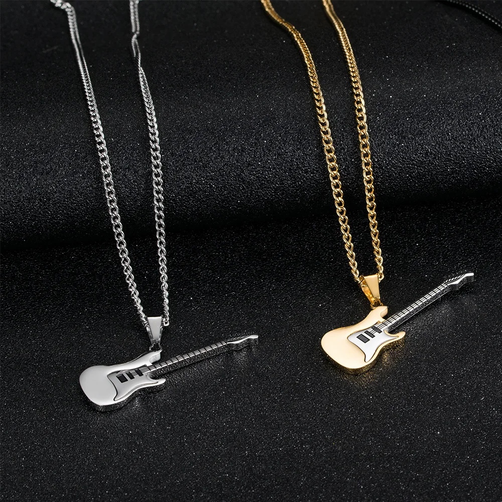 New Fashion Design Music Instruments Guitar Pendant Necklace For Women Men 18K Gold Plated Stainless Steel Jewelry