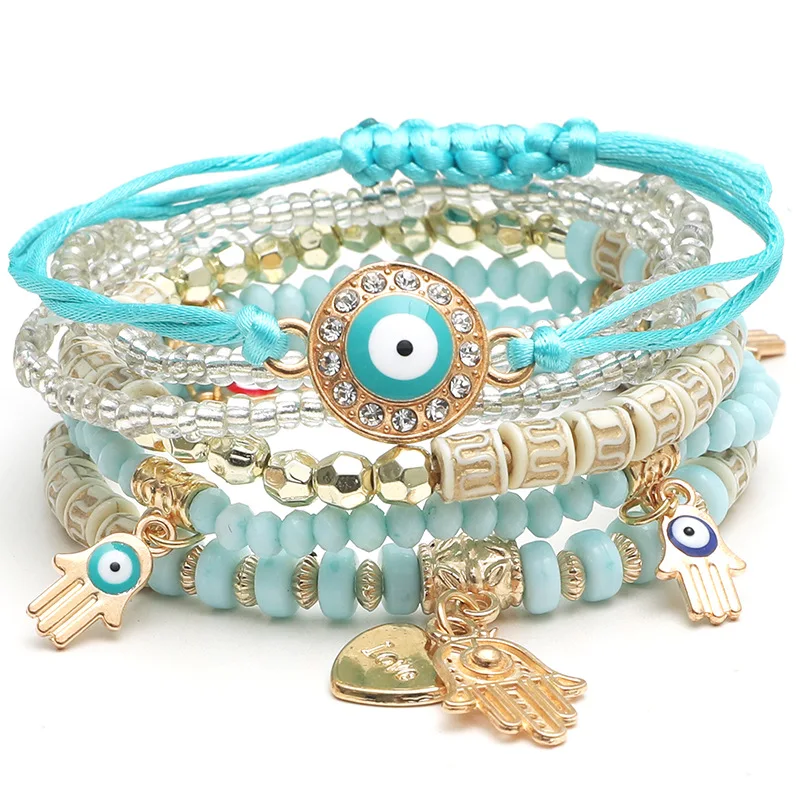 boho miyuki seed bead bracelets set jewelry multi layer gold plated hamsa hand evil eye bracelets for women