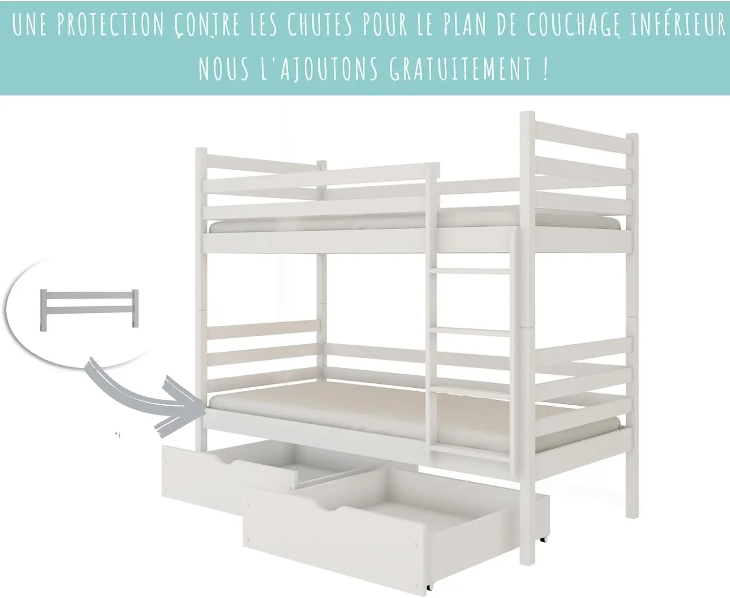 Loft Bed 90 X 200 cm with 2 Drawers, Bunk Bed with Fall Protection and Slatted Base, Transformable Into Two Beds for Children