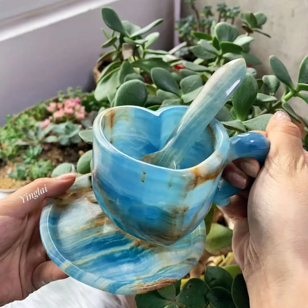 New coming high quality natural crystal blue onyx heart shape cup hand caved folk craft