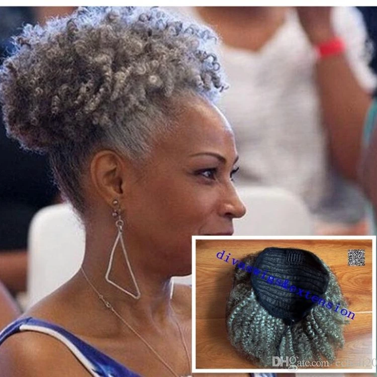 Natural Highlights Grey Human Hair Ponytail Extension 120g Salt and Pepper 4c Clip in Grey Hair Ponytail Puff Fringe Bangs