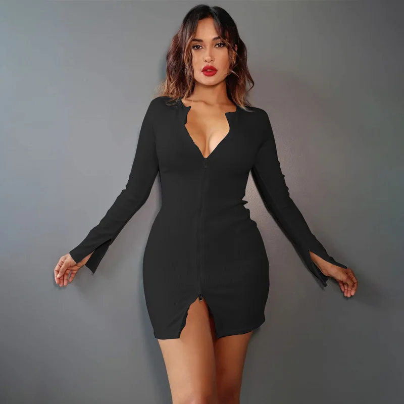 Magicmk Ribbed knitted slit long sleeve front zipper dress sexy women bodycon mini club party ladies clothes
