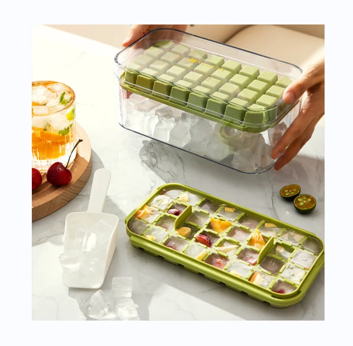 Food-Grade Plastic Ice Cube Tray With lid One Press Button Release Design Ice Cube Tray With Lid And Storage Bin Easy to Use