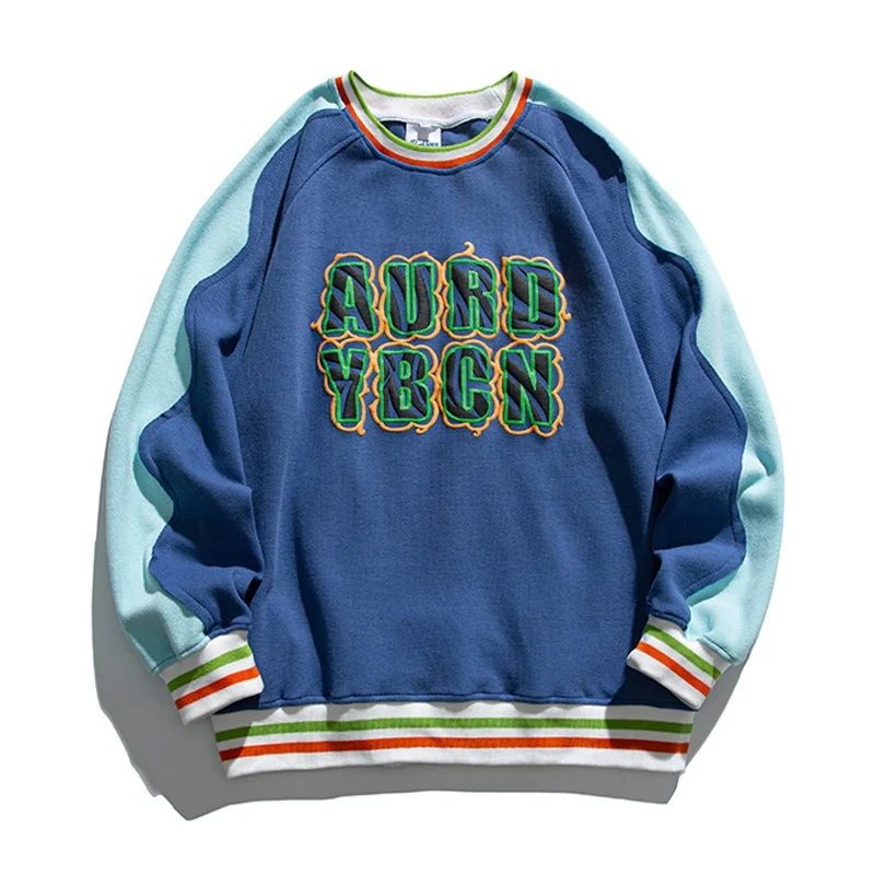 Apparel processing services Custom 3D Puffy print logo cotton french terry colorblock crew neck pullover sweatshirt men