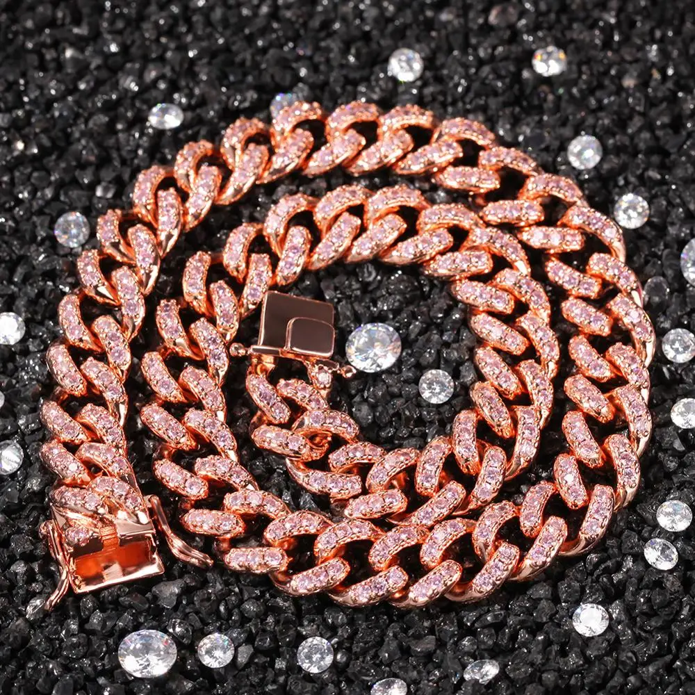 Iced Out 12mm Pink CZ Cuban Link Chain Miami Choker Rose Gold 14inch 16inch Short Necklace Women Men Jewelry