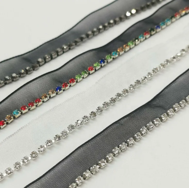 1 Row Rhinestone White Black Lace Trim Sew on Glass Crystal Chain Ribbon for Garment Shoes Bags Decoration
