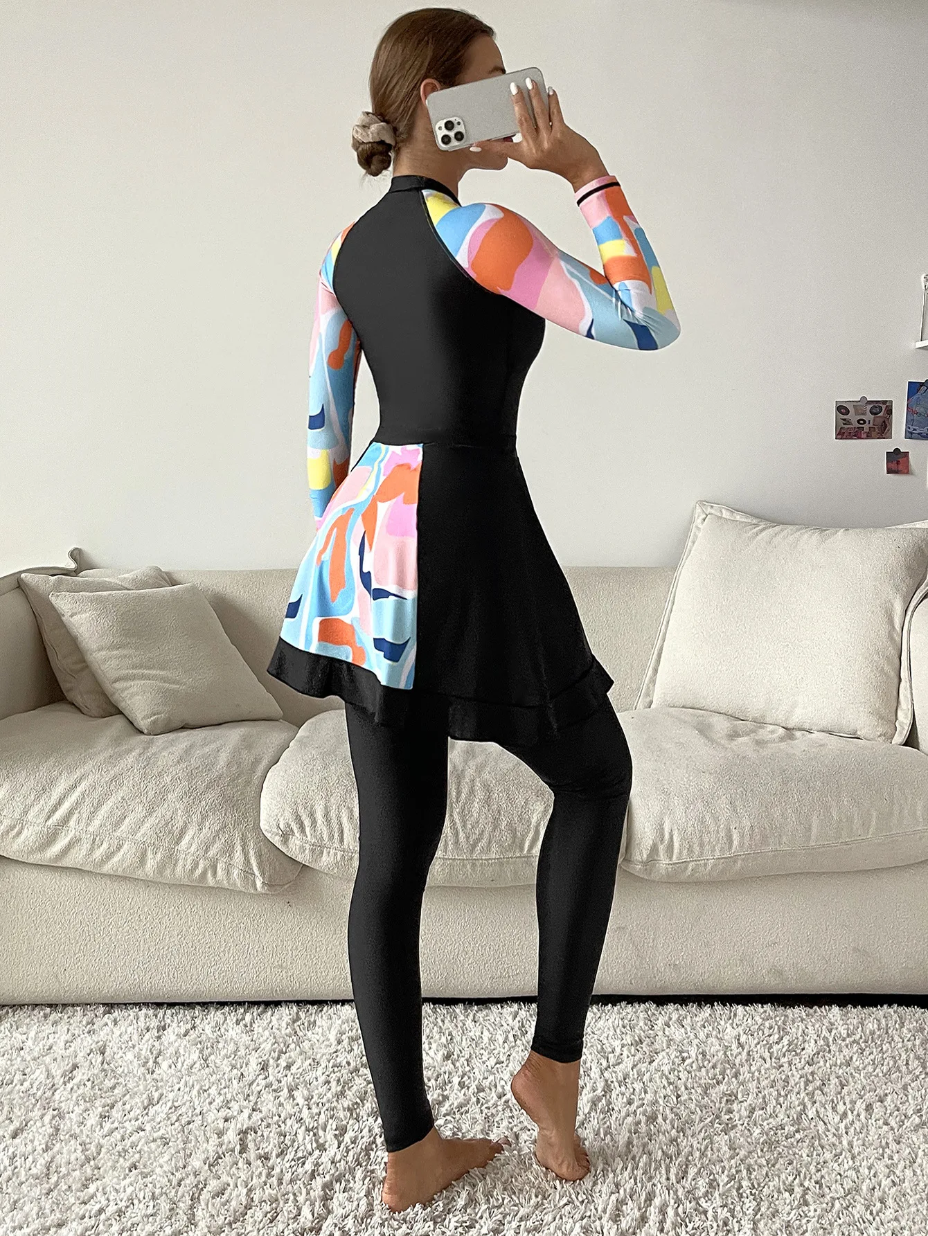 S-XL Drop Shipping One-piece Top Graphic Printing 3 Piece Sets Full Cover Long Sleeve Burkini Muslim Swimwear Women