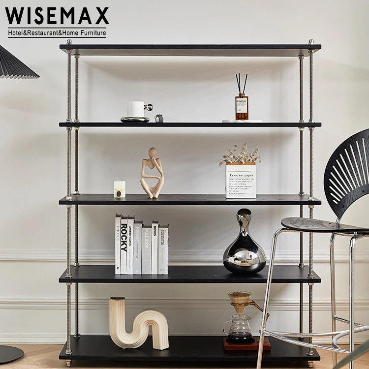 WISEMAX FURNITURE Modern Living Room Furniture Tall Metal Frame Ash Wood Board 5 Layers Shelf Cabinet for Bedroom