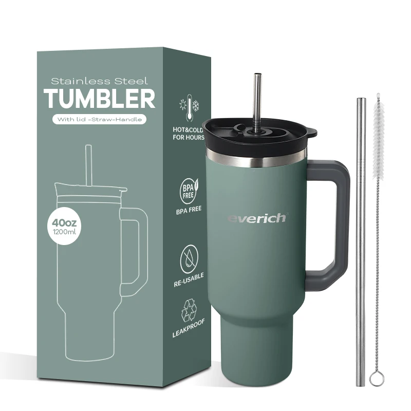 40oz Bottle with Handle Hot Coffee Mug Cup Thermal Stainless Steel Tumbler with Straws Vacuum Flask Insulated Portable Cup