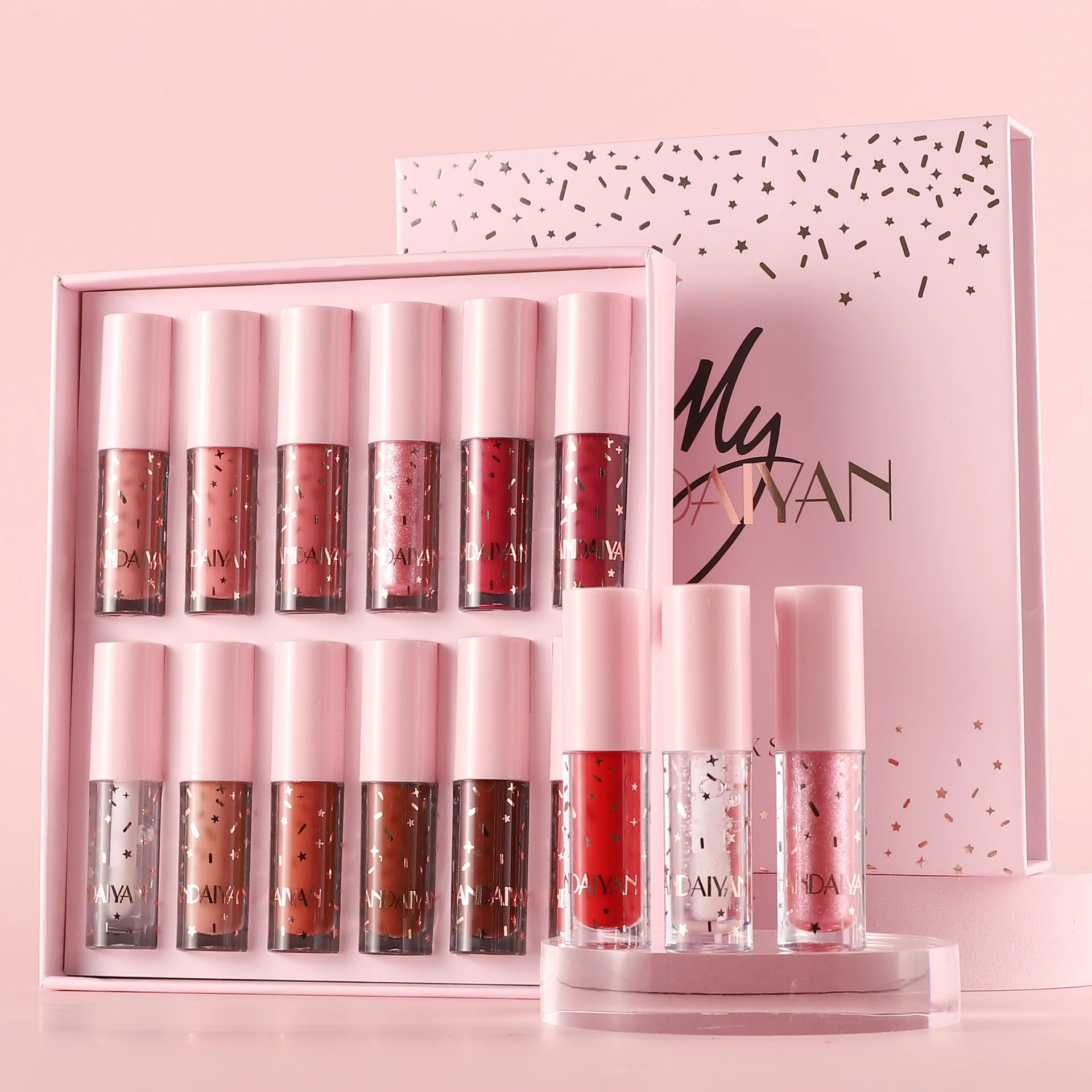 Handaiyan 12 Colors Pink Book Glittering Clear Lip gloss High quality makeup lip gloss Waterproof liquid matte lipstick