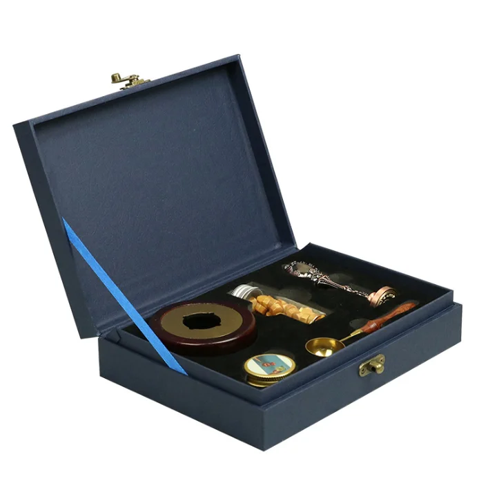 Vintage Wax Seal Stamp Kit  Melting Stove Set  With Monogram Stamp Blue Wood Box