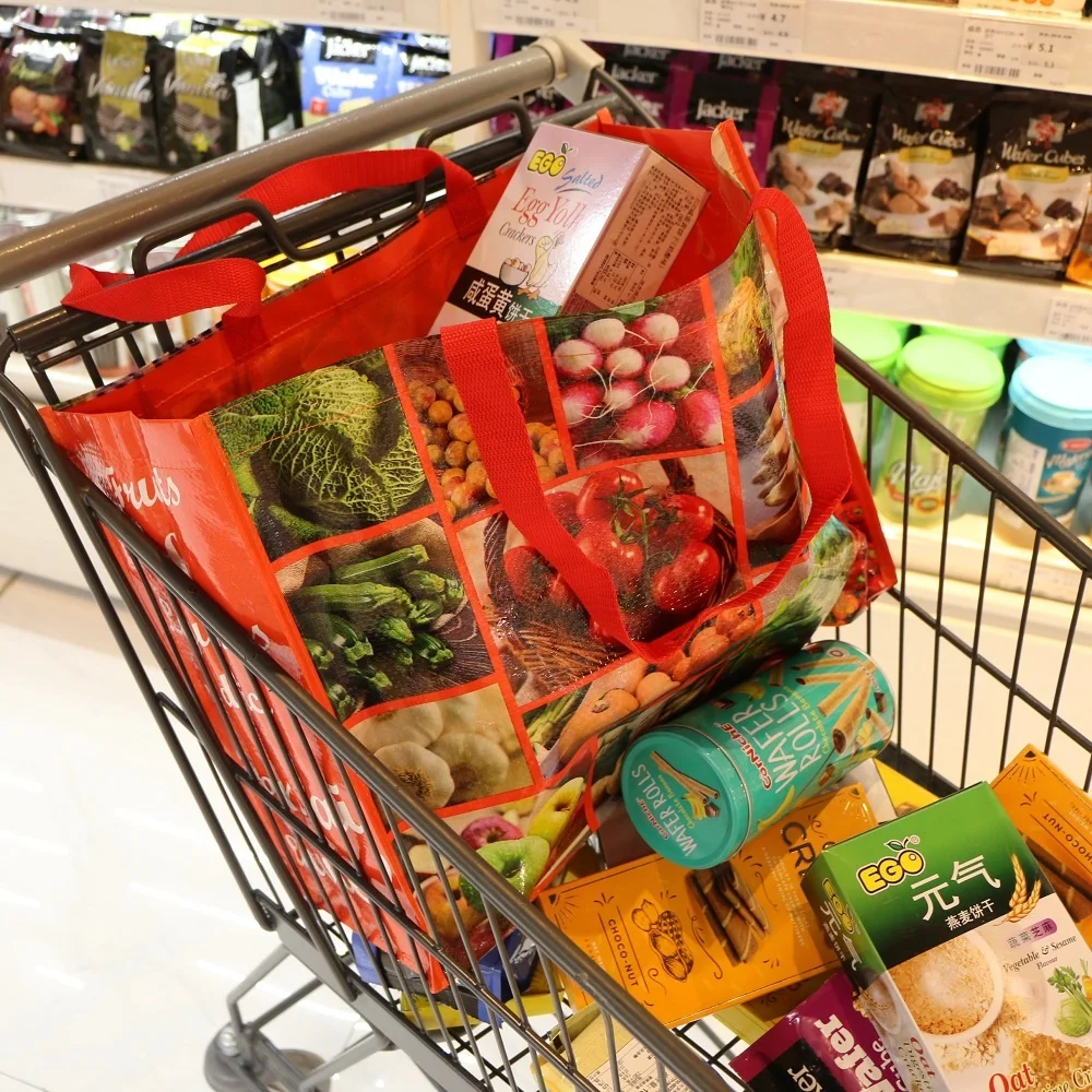 custom reusable shopping bag colorful logo printing glossy laminated pp woven tote promotion bags with handles