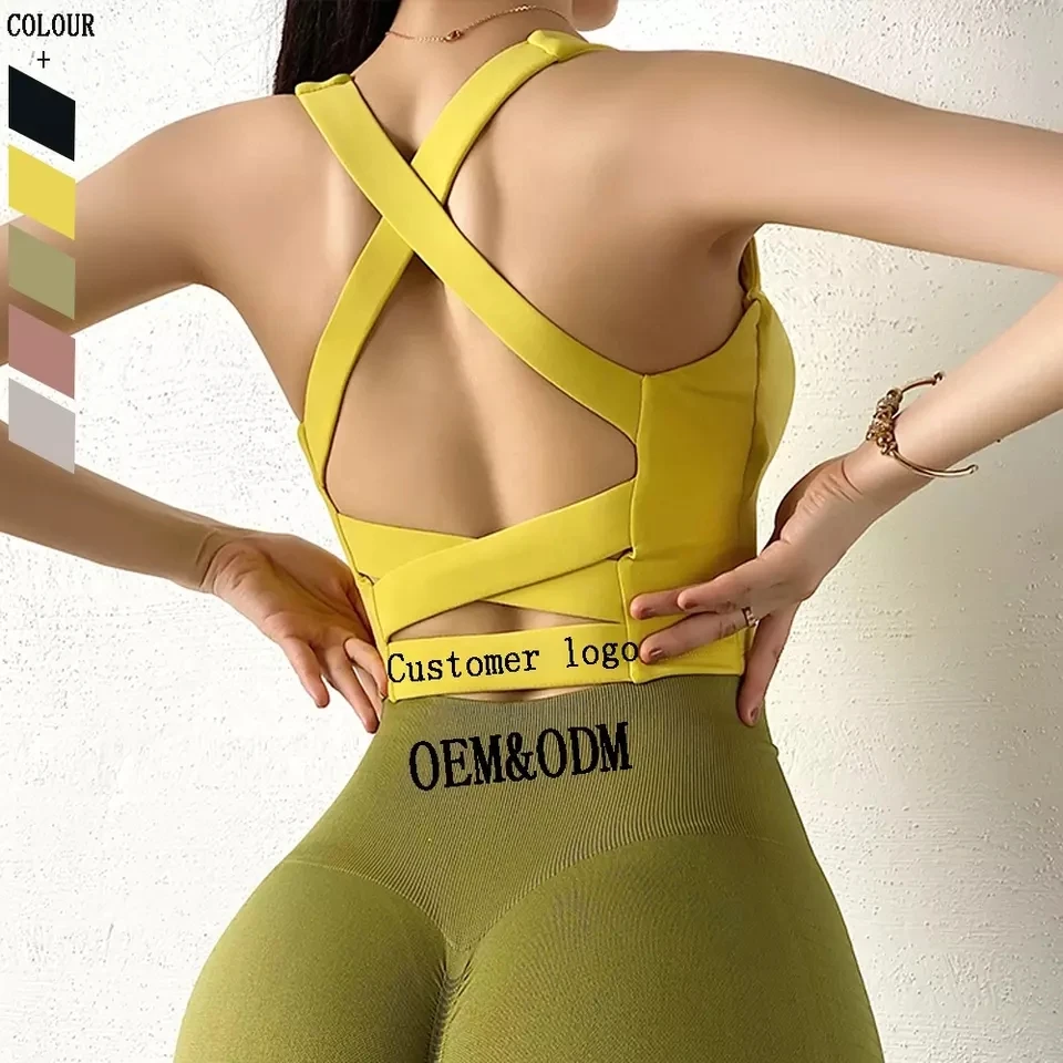 Gym Wear Womens U-neck Hollow Out Push Up Cross Back Sports Bra Crop Yoga Top