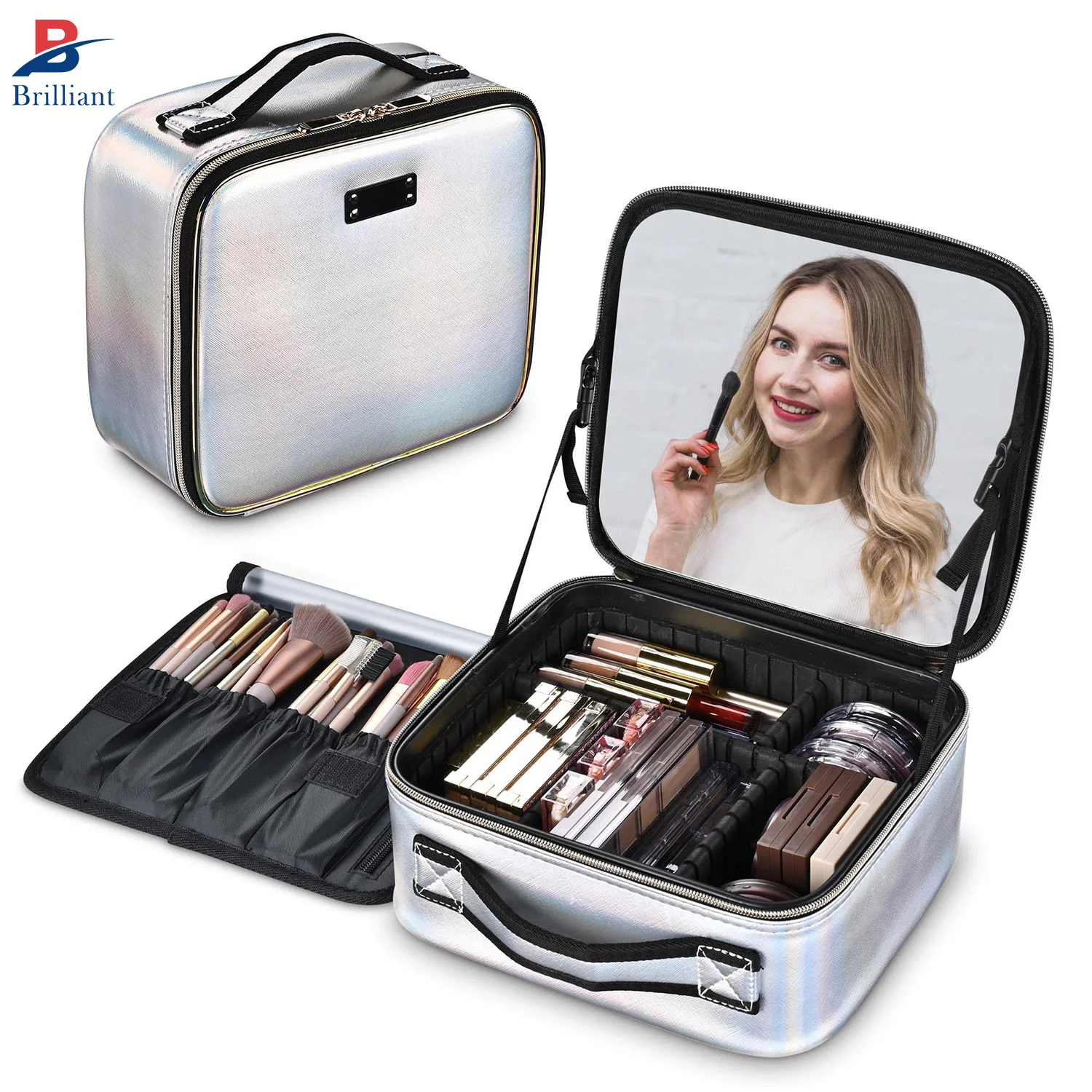 Custom EVA Professional Travel Makeup Bag Cosmetic Cases Portable Adjustable Divider Storage Bag, silvery