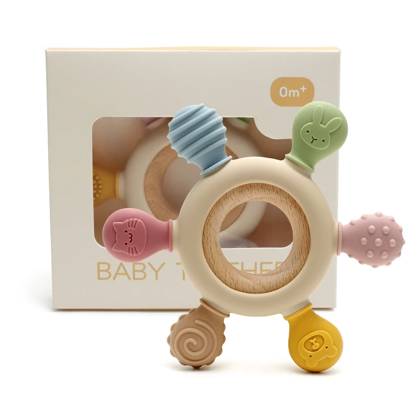 2024 New arrival Custom Cute BPA Free Silicone Baby Teethers Wooden Baby Teether Baby Feeding Chewing Teething product
