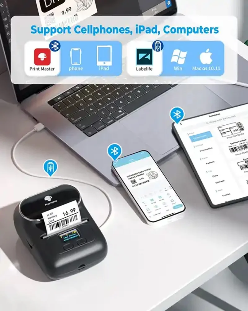 Phomemo M110 Label Printer Barcode Printer Portable Mini Blue tooth Thermal Label Maker for Phone/Tablet/PC/Mac