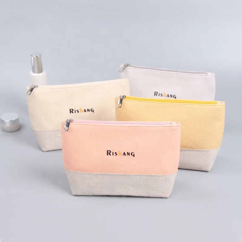 Customized  Cosmetic Bag With zipper Custom Private Logo Cotton Linen Makeup Brush tool Storage Natural Color Cosmetic Pouch