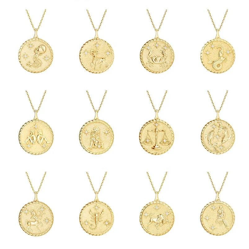 Gemnel high quality 18k gold custom jewelry zodiac signs diamond coin pendant necklace