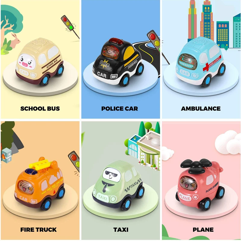 Wholesale 6 Pcs Push and Go Toy Cars Set,Cartoon Inertia Baby Toy Cars with Play Mat (Storage Bag) for Kids