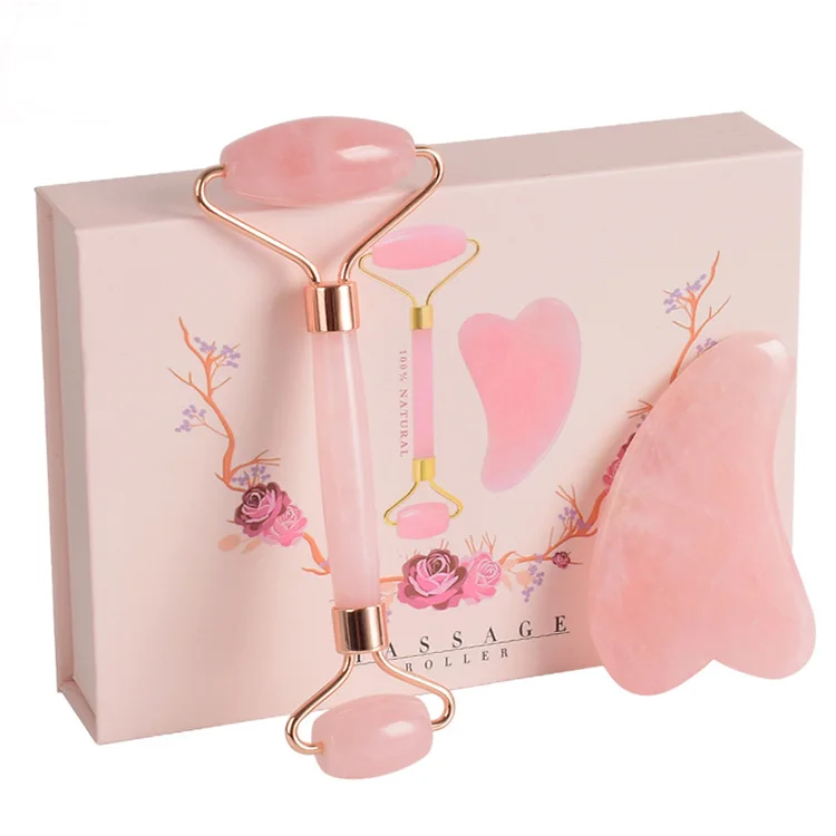 
Chinese Facial Massage Manufacture Nature Material Rose Quartz Skin Roller Guasha Set 