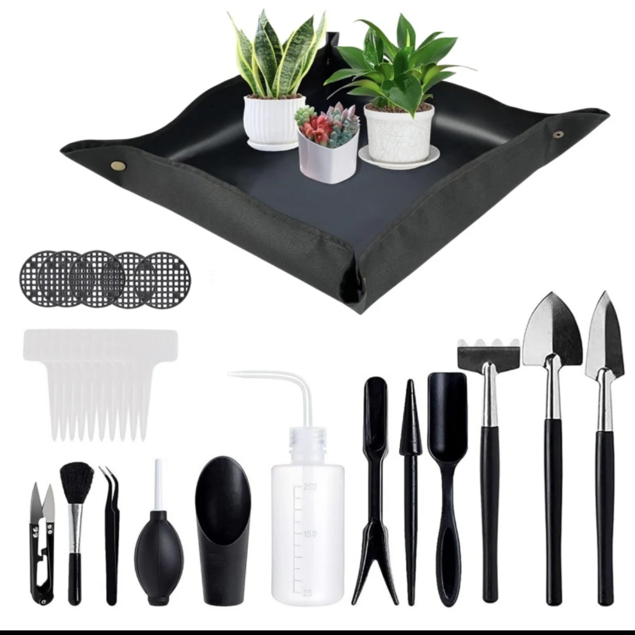 DD3226  14 Pcs Mini Garden Transplanting Tools with Potting Tarp Mat Miniature Hand Tools Set Plant Care Succulent Tools Kit