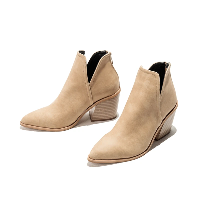 Customized Leopard Print Short Boots High Heel Martin Boots Chunky Heel Pointed Toe Zipper Ankle Nude Boots For Women