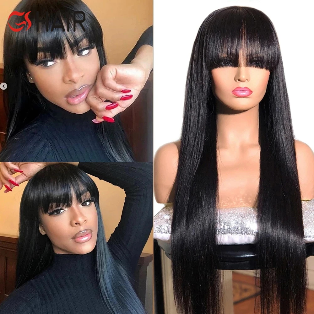 
180% Density Brazilian Straight Human Hair Wigs With Bangs Remy Full Machine Made Human Hair Wigs For Women 10-50Inch Fringe Wig 