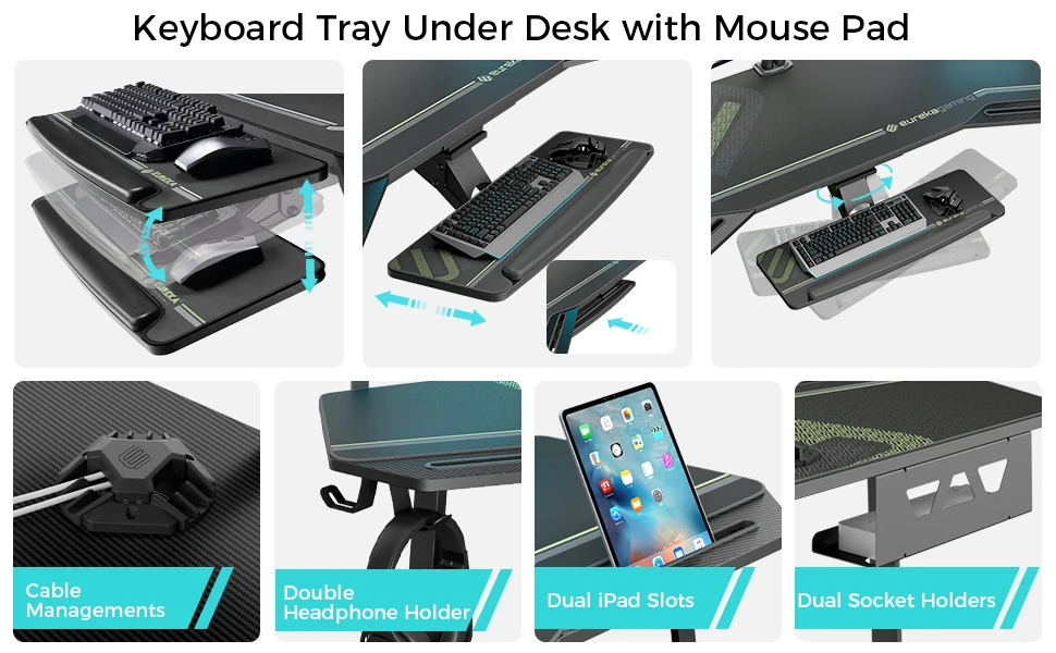 Led Lights Wing-Shaped Studio Desk W Keyboard Tray Monitor Stand Dual Headphone Hanger Cup Holder Gaming Desk