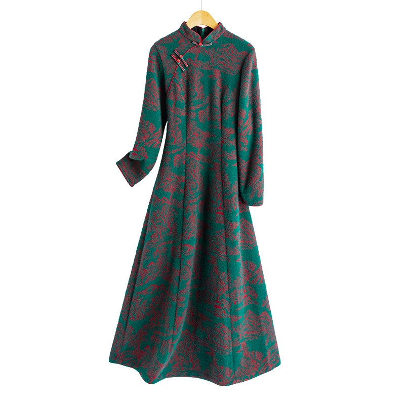 Wholesale New Spring and Autumn Full Sleeve Jacquard Retro Evening Maxi Women Modern No Slit Chinese Qipao Cheongsam Dress
