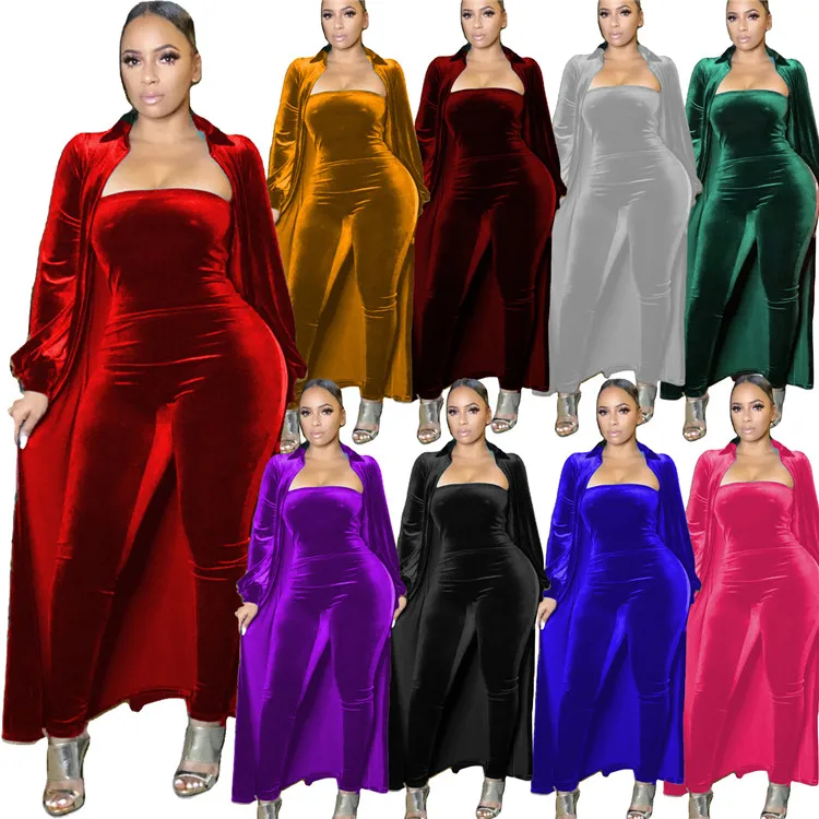 New Sexy Plus Size Ladies Velvet Outfit Off Shoulder Jumpsuits Cardigan Long Jacket Spring Women 2 Piece Set