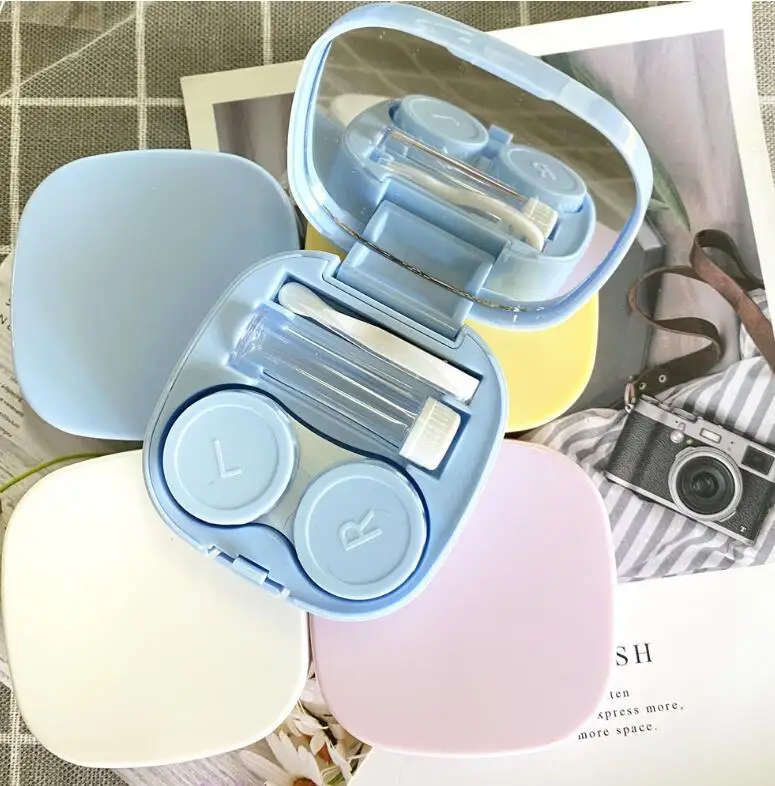 DIY Colorful Square Mirror Eye Contact Lens Case With Insertion And Removal Tool Plastic Box Holder Container Travel Use