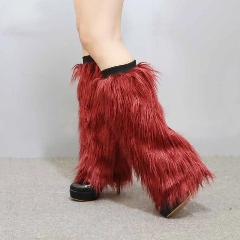 Wholesale high knee fuzzy boot sleeves legging fur winter adult women winter faux fur leg warmers