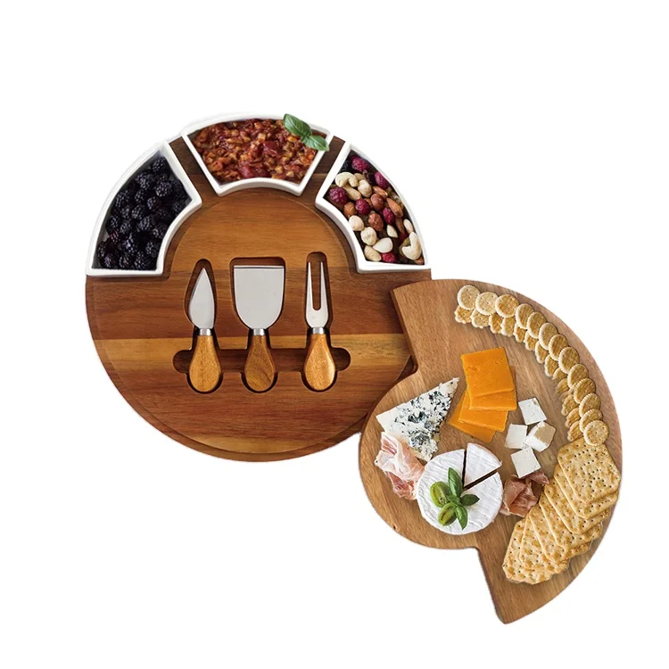 Round Cheese Tool Set Wooden Cheese Board With Cheese Knife And Bowls Server Plate