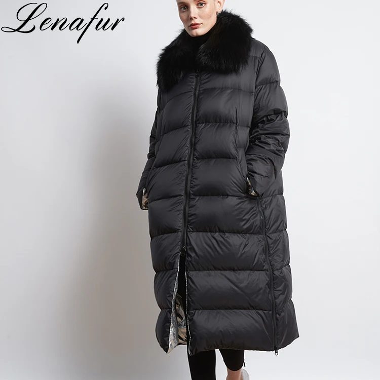 Winter New Design Women fox fur Long Hooded Feather White Duck Down Jacket For Women duck down puffer jackets for womens