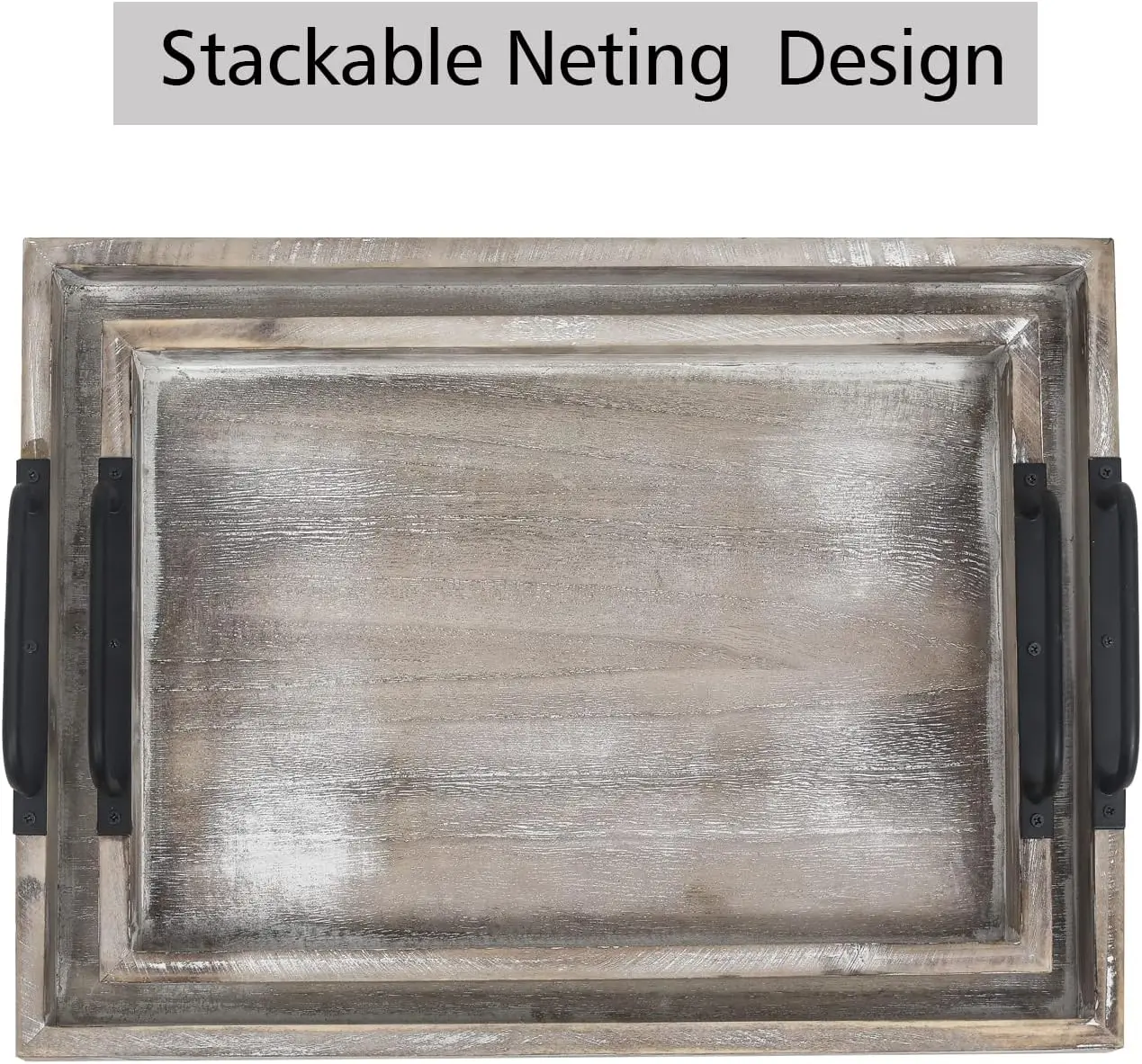 Rural style wooden food tray with metal handle, retro farmhouse decorated dining plate