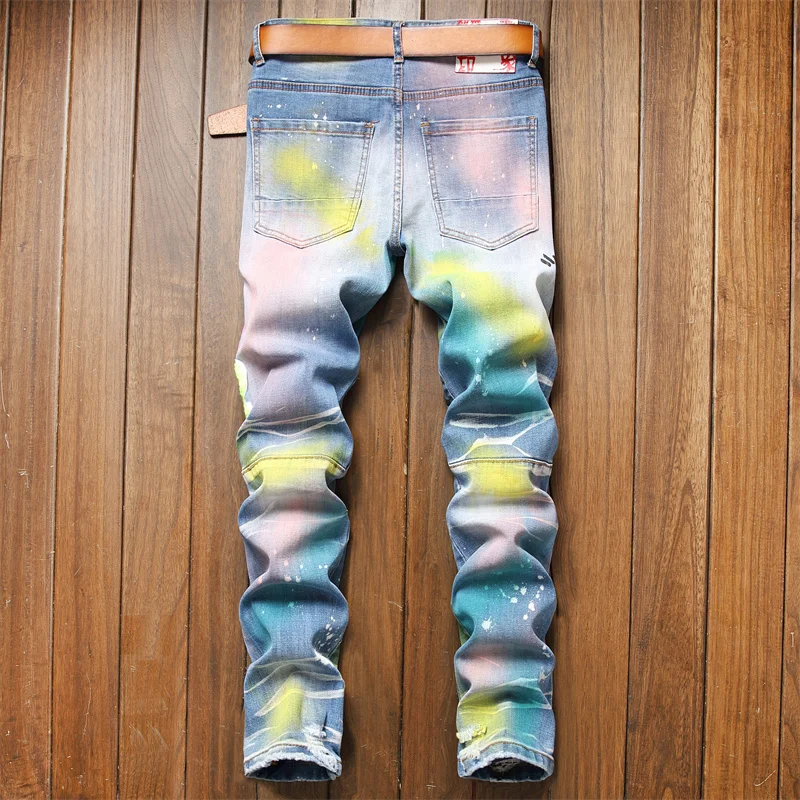 2023 Fahion Wholesale Skinny Stretch Slim Fit Jeans Men Biker Style Ink Jet Pants Trousers OEM Custom Jeans Colored Mens Jean