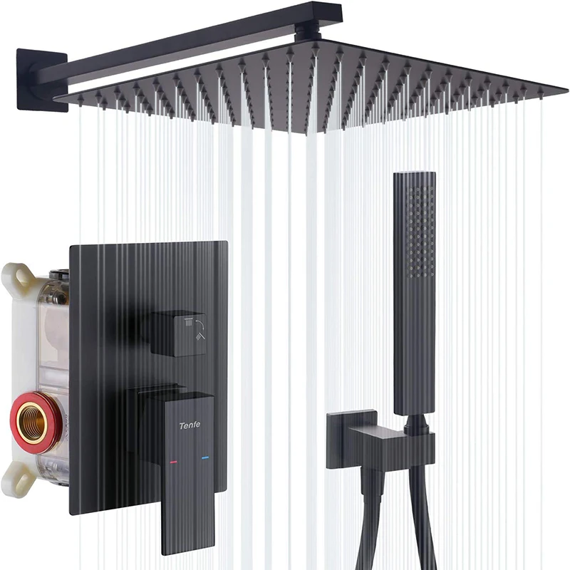 
Shower system black shower set wall mounted 12 inch high pressure shower head and hand spray  (1600156759312)